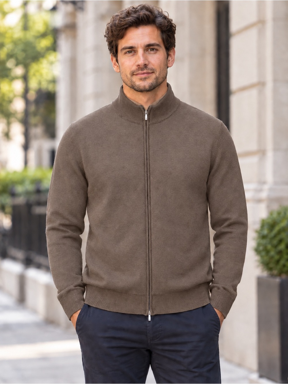 Valda By Toscano Full Zip Merino Wool Blend Brown Sweater Made In italy Size XL